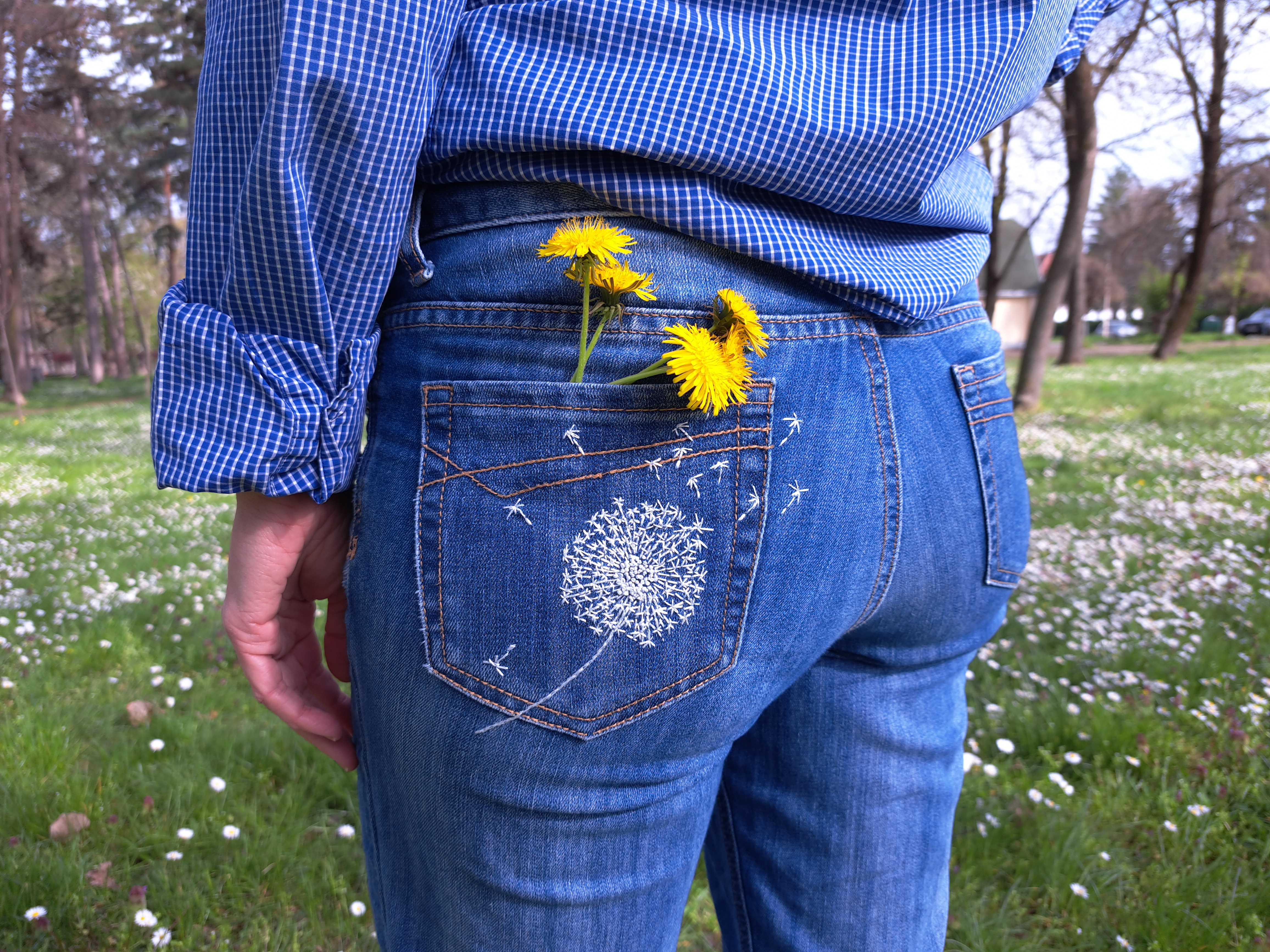 Hand-embroidered dandelion on the back pocket of blue denim jeans, with real dandelion flowers tucked into the pocket, shot outdoors in spring