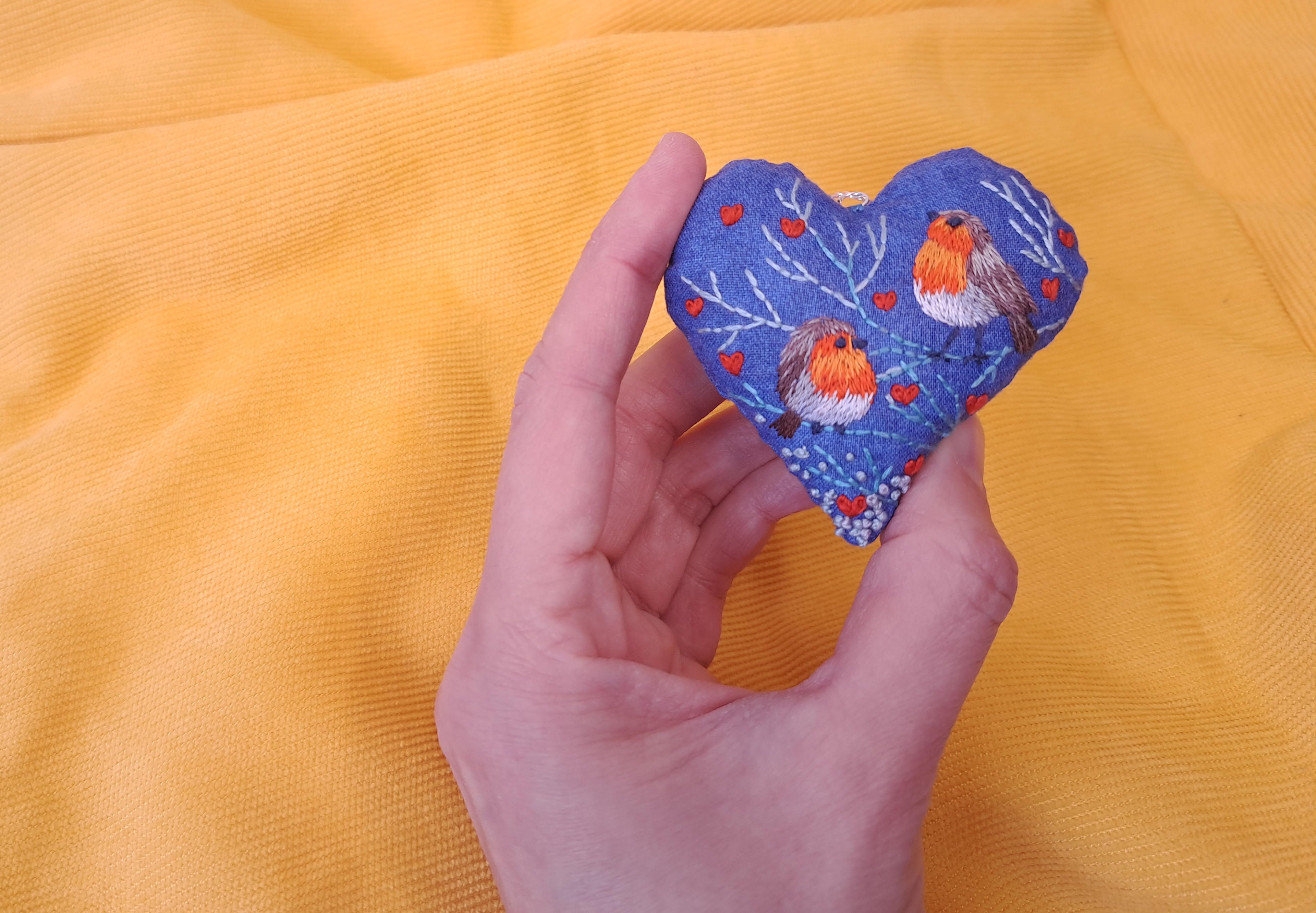 Hand Embroidered Robin Heart by LenaKataeva.com