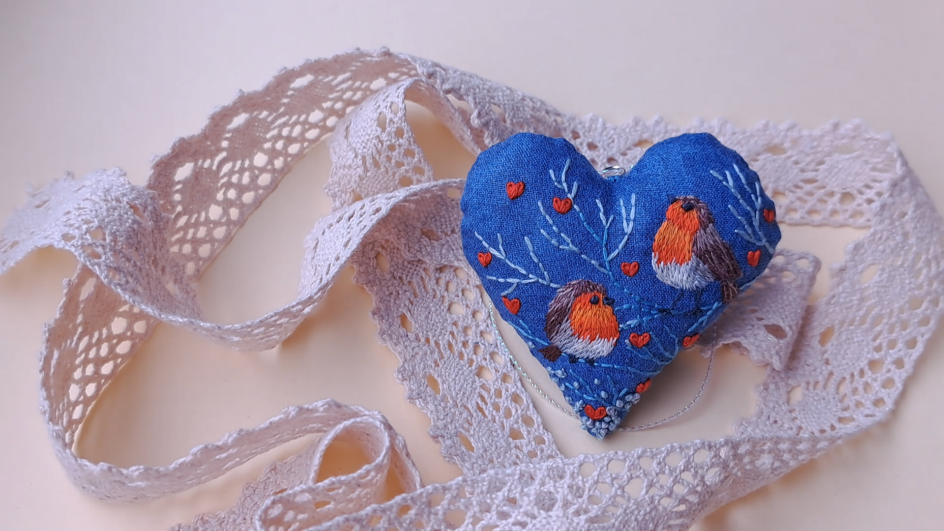 Hand Embroidered Robin Heart by LenaKataeva.com
