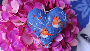 embroidered robin birds and heart